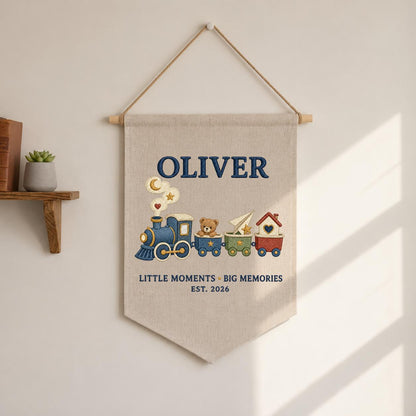 Personalized Train Canvas Pennant Banner, Custom Name Oliver Little Moments Big Memories Embroidered Boy Nursery Wall Hanging Sign