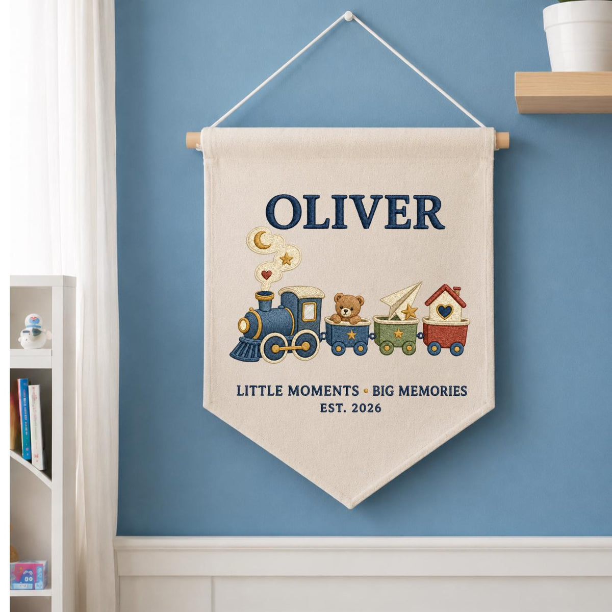 Personalized Train Canvas Pennant Banner, Custom Name Oliver Little Moments Big Memories Embroidered Boy Nursery Wall Hanging Sign