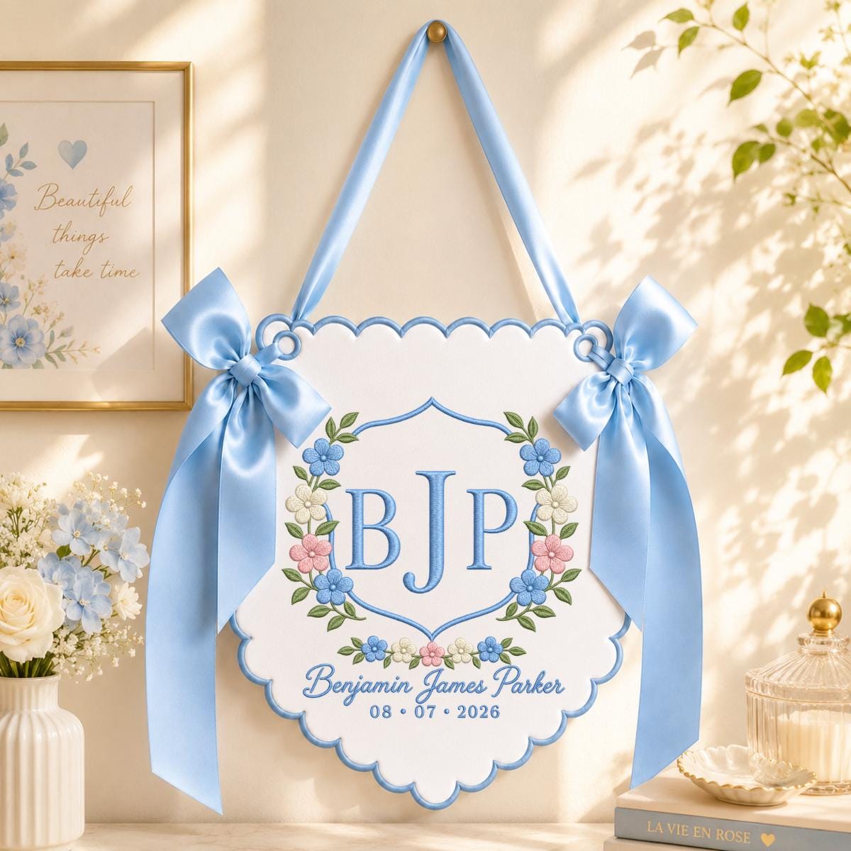 Personalized Baby Boy Monogram Scalloped Banner Decor, Custom Embroidered Name Date Initial Wall Hanging Sign, Hospital Door Hanger