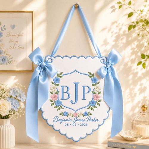 Personalized Baby Boy Monogram Scalloped Banner Decor, Custom Embroidered Name Date Initial Wall Hanging Sign, Hospital Door Hanger
