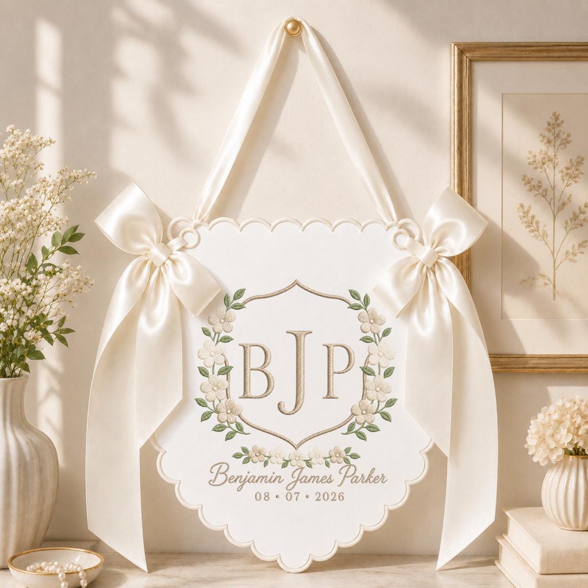 Personalized Baby Boy Monogram Scalloped Banner Decor, Custom Embroidered Name Date Initial Wall Hanging Sign, Hospital Door Hanger