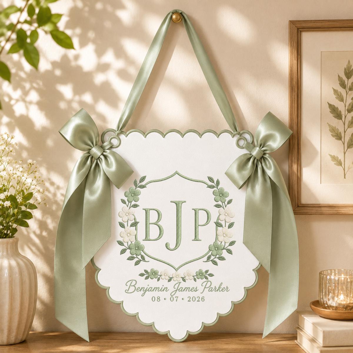 Personalized Baby Boy Monogram Scalloped Banner Decor, Custom Embroidered Name Date Initial Wall Hanging Sign, Hospital Door Hanger
