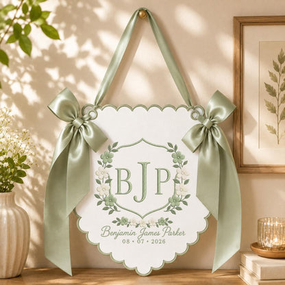 Personalized Baby Boy Monogram Scalloped Banner Decor, Custom Embroidered Name Date Initial Wall Hanging Sign, Hospital Door Hanger
