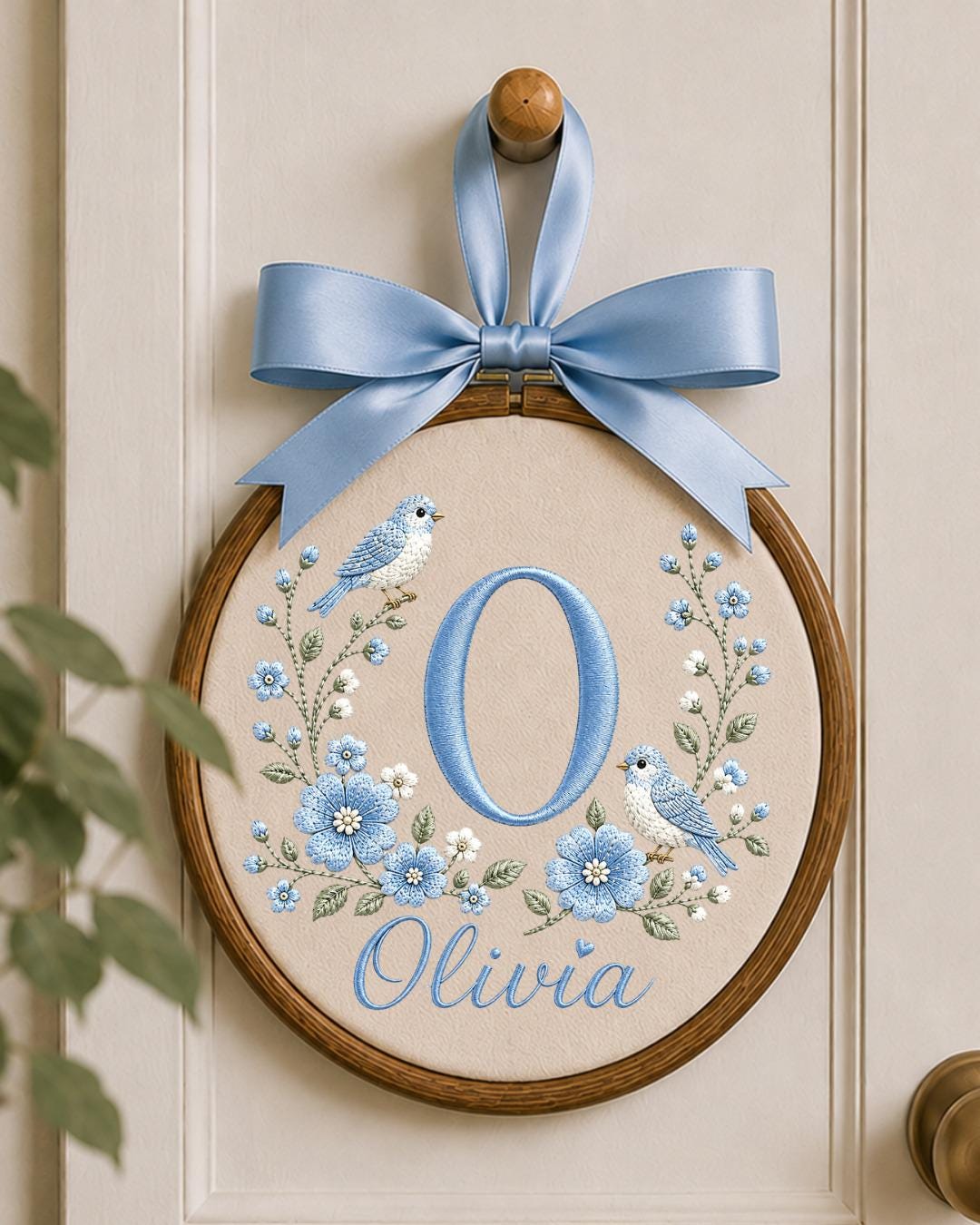 Personalized Monogram Embroidered Ornament, Custom Initial Baby Name Hoop, Blue Floral Bird Nursery Decor, Baby Girl Gift, Newborn Keepsake