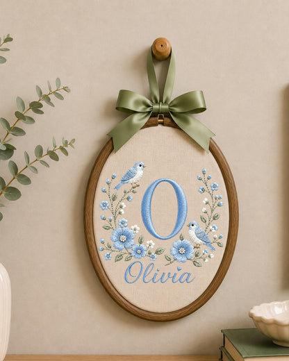 Personalized Monogram Embroidered Ornament, Custom Initial Baby Name Hoop, Blue Floral Bird Nursery Decor, Baby Girl Gift, Newborn Keepsake