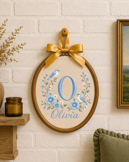 Personalized Monogram Embroidered Ornament, Custom Initial Baby Name Hoop, Blue Floral Bird Nursery Decor, Baby Girl Gift, Newborn Keepsake