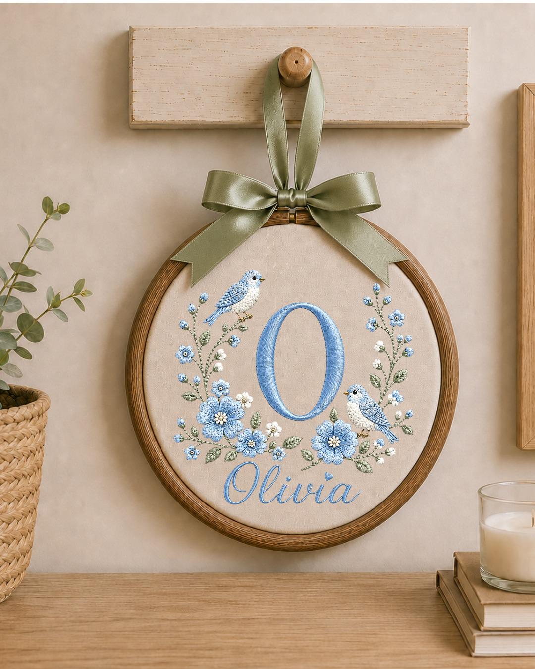Personalized Monogram Embroidered Ornament, Custom Initial Baby Name Hoop, Blue Floral Bird Nursery Decor, Baby Girl Gift, Newborn Keepsake