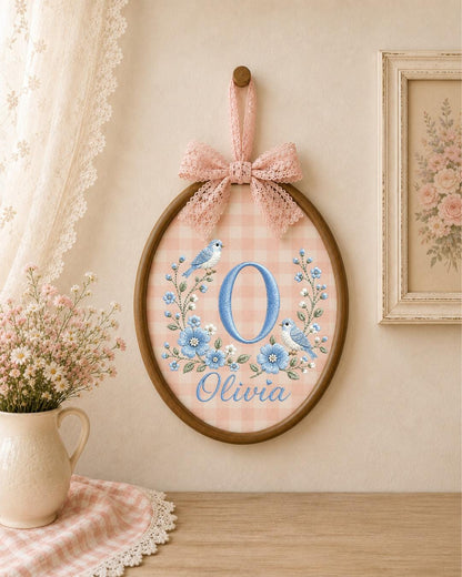 Personalized Monogram Embroidered Ornament, Custom Initial Baby Name Hoop, Blue Floral Bird Nursery Decor, Baby Girl Gift, Newborn Keepsake