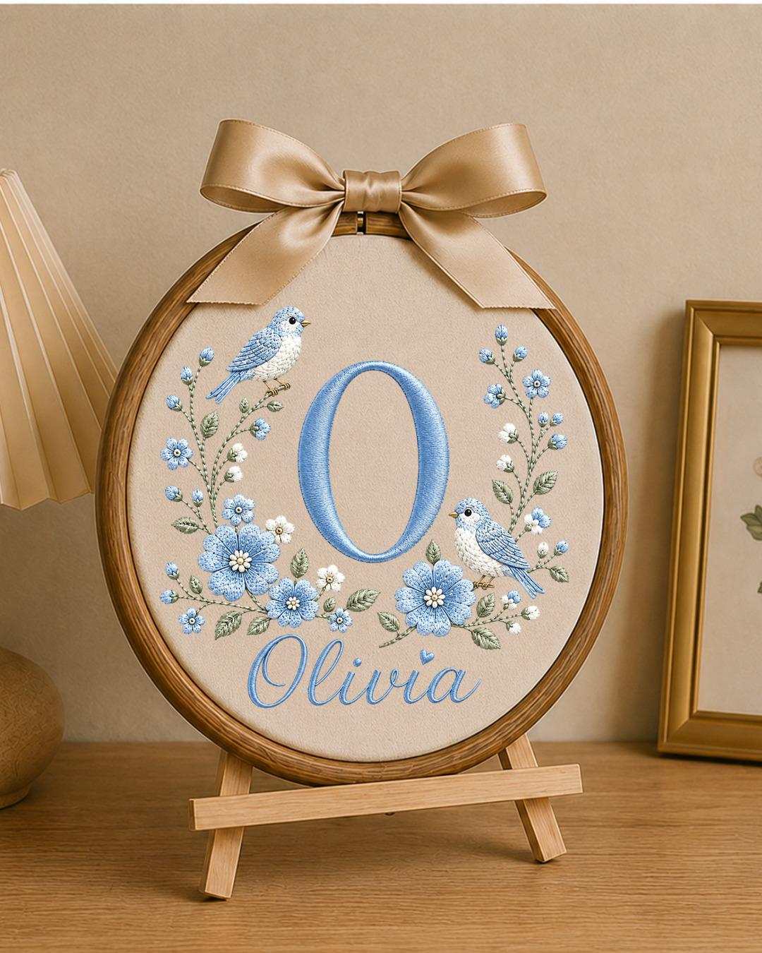 Personalized Monogram Embroidered Ornament, Custom Initial Baby Name Hoop, Blue Floral Bird Nursery Decor, Baby Girl Gift, Newborn Keepsake