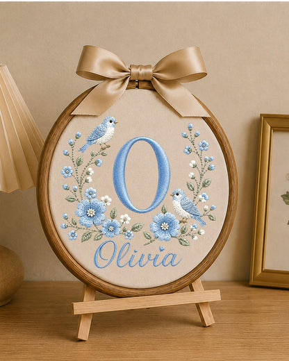 Personalized Monogram Embroidered Ornament, Custom Initial Baby Name Hoop, Blue Floral Bird Nursery Decor, Baby Girl Gift, Newborn Keepsake