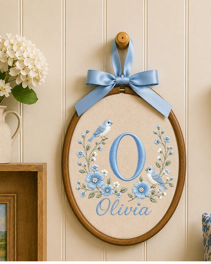 Personalized Monogram Embroidered Ornament, Custom Initial Baby Name Hoop, Blue Floral Bird Nursery Decor, Baby Girl Gift, Newborn Keepsake