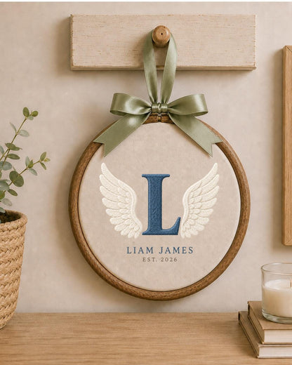 Personalized Angel Wings Embroidered Ornament, Custom Monogram Baby Name Hoop, Initial Nursery Decor, Baby Boy Gift, Newborn Keepsake