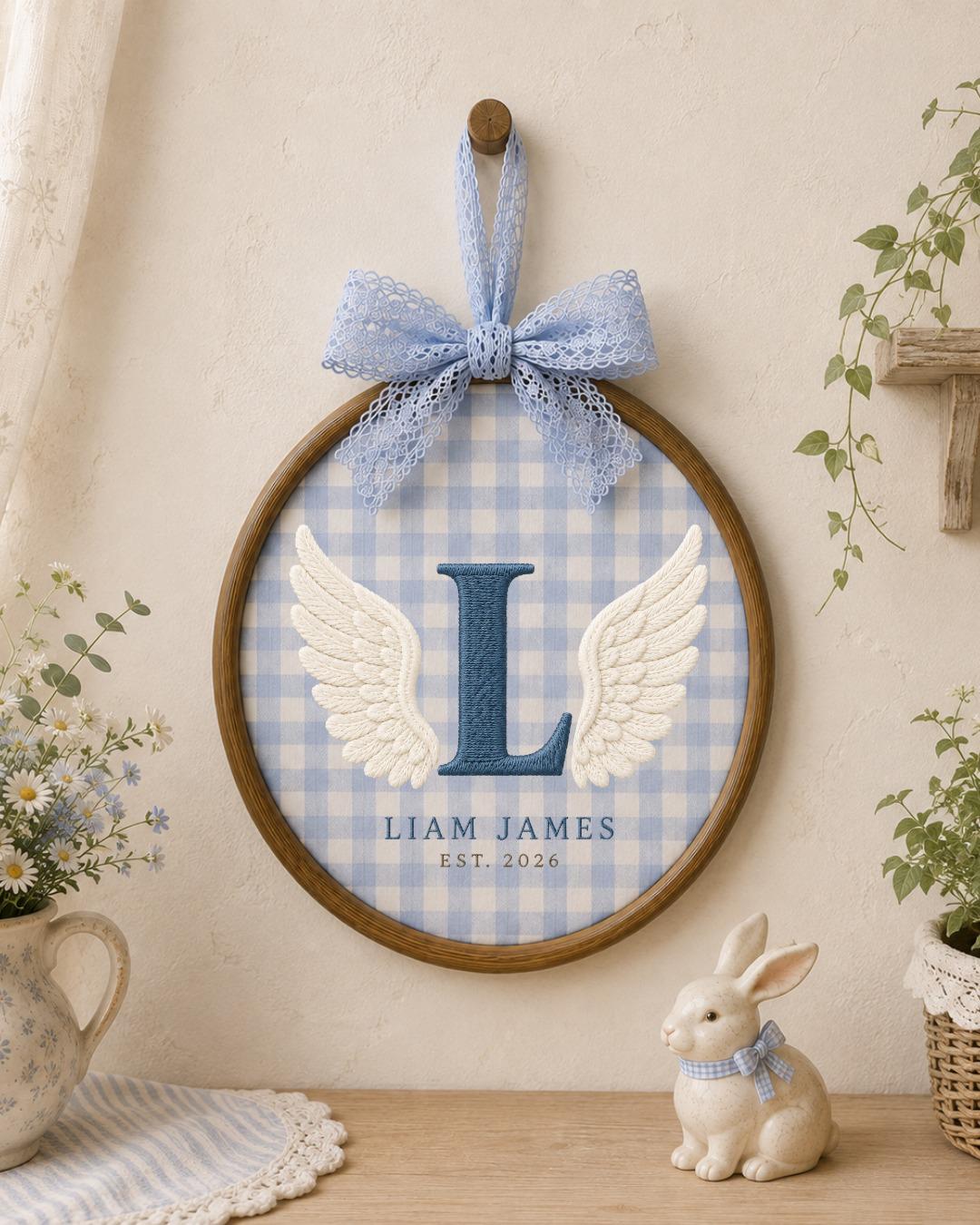 Personalized Angel Wings Embroidered Ornament, Custom Monogram Baby Name Hoop, Initial Nursery Decor, Baby Boy Gift, Newborn Keepsake