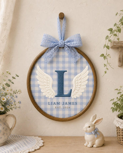 Personalized Angel Wings Embroidered Ornament, Custom Monogram Baby Name Hoop, Initial Nursery Decor, Baby Boy Gift, Newborn Keepsake