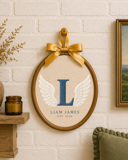 Personalized Angel Wings Embroidered Ornament, Custom Monogram Baby Name Hoop, Initial Nursery Decor, Baby Boy Gift, Newborn Keepsake