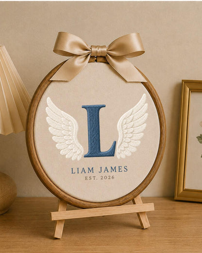 Personalized Angel Wings Embroidered Ornament, Custom Monogram Baby Name Hoop, Initial Nursery Decor, Baby Boy Gift, Newborn Keepsake