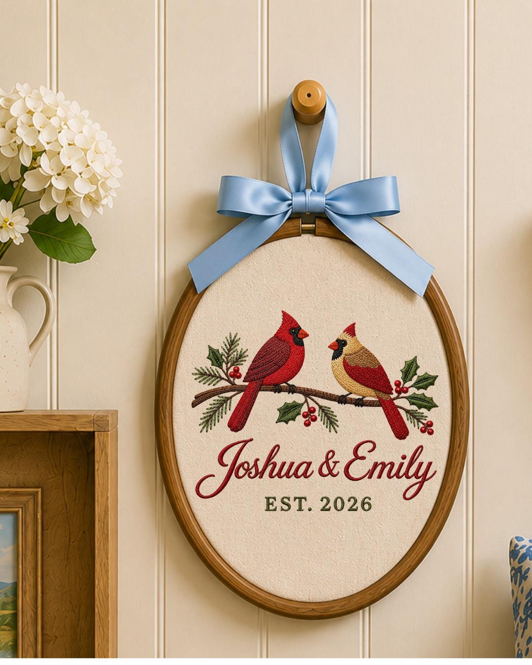 Personalized Cardinal Couple Embroidered Ornament, Custom Couple Names Hoop, Wedding Anniversary Gift, Christmas Bird Keepsake