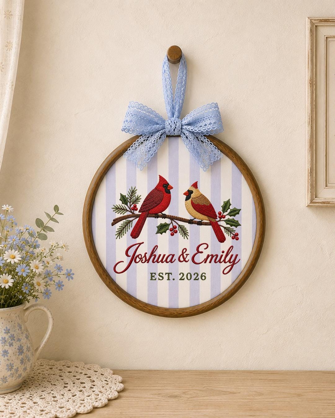 Personalized Cardinal Couple Embroidered Ornament, Custom Couple Names Hoop, Wedding Anniversary Gift, Christmas Bird Keepsake