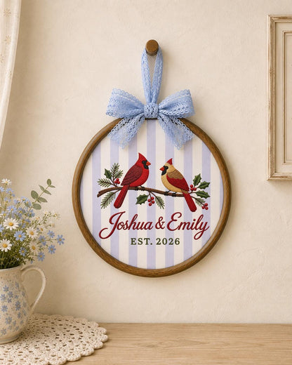 Personalized Cardinal Couple Embroidered Ornament, Custom Couple Names Hoop, Wedding Anniversary Gift, Christmas Bird Keepsake