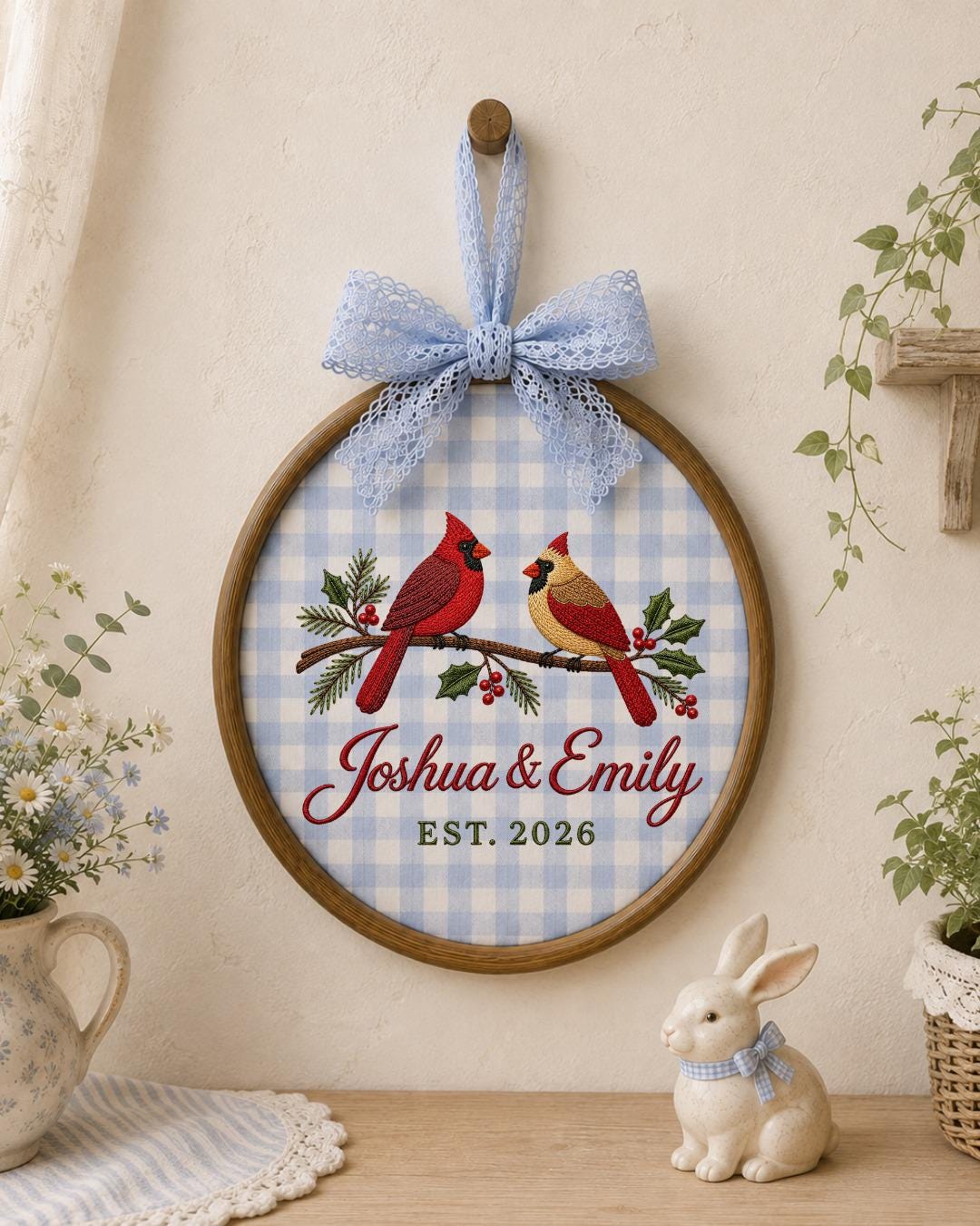 Personalized Cardinal Couple Embroidered Ornament, Custom Couple Names Hoop, Wedding Anniversary Gift, Christmas Bird Keepsake
