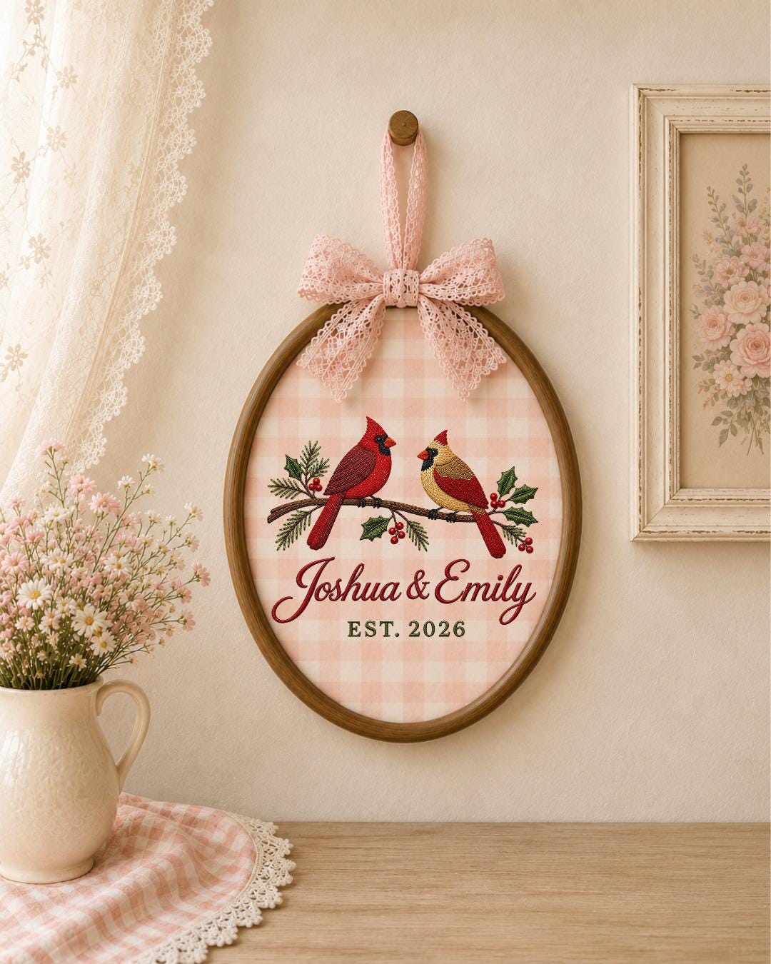 Personalized Cardinal Couple Embroidered Ornament, Custom Couple Names Hoop, Wedding Anniversary Gift, Christmas Bird Keepsake