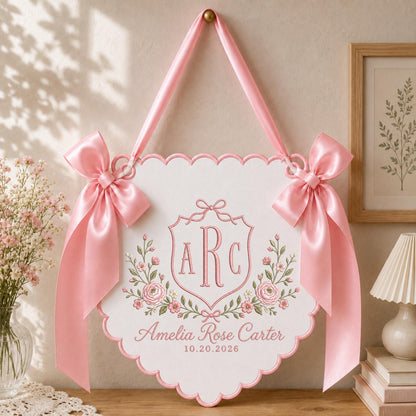 Personalized Monogram Embroidered Nursery Wall Hanging Banner, Custom Baby Name Sign, Floral Initial Decor, Baby Girl Nursery Gift