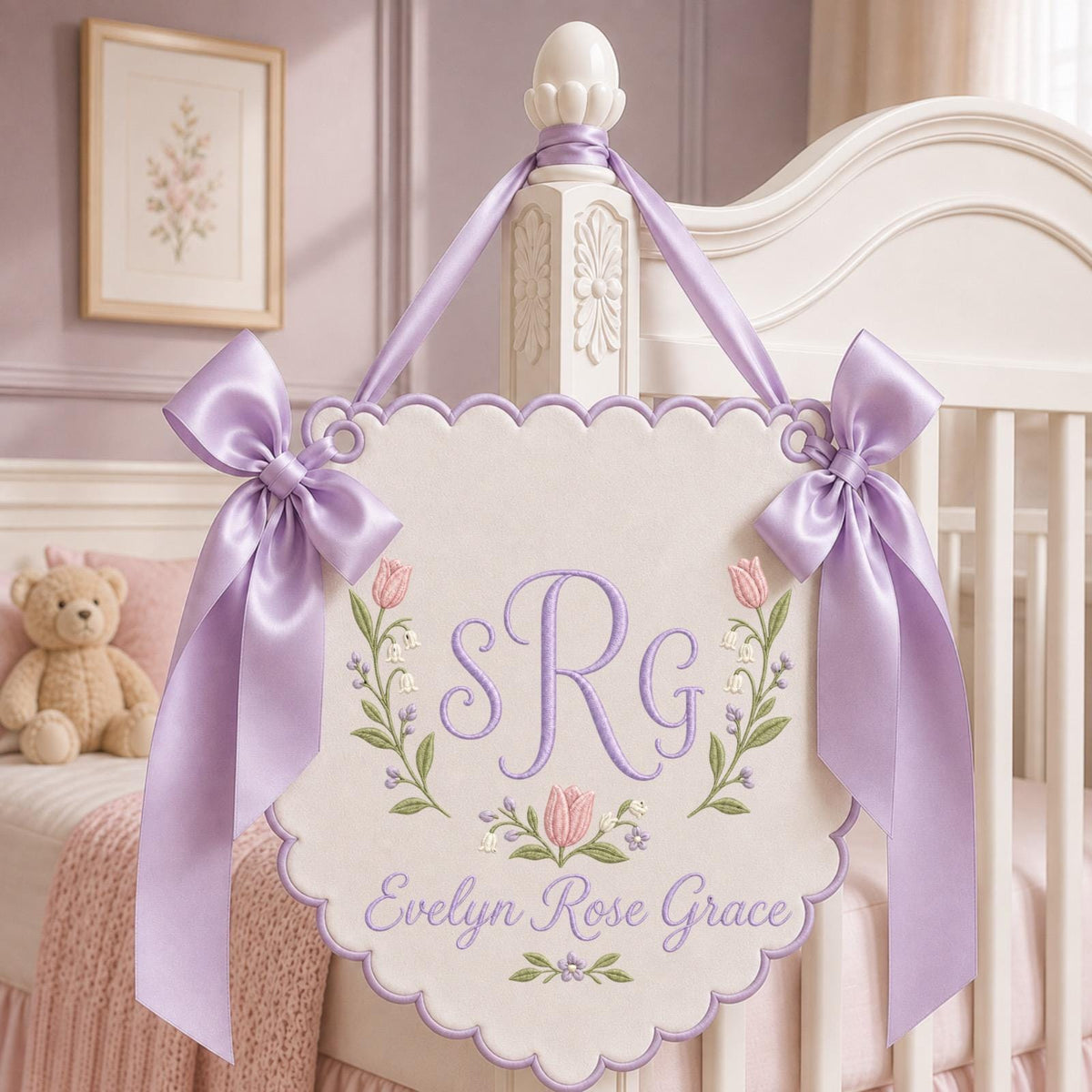Personalized Embroidered Monogram Nursery Banner, Custom Baby Name Wall Hanging, Floral Initial Sign, Baby Girl Nursery Decor, Newborn Gift