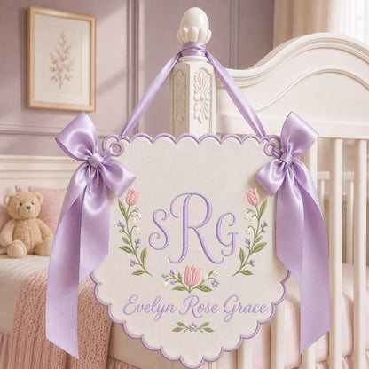 Personalized Embroidered Monogram Nursery Banner, Custom Baby Name Wall Hanging, Floral Initial Sign, Baby Girl Nursery Decor, Newborn Gift
