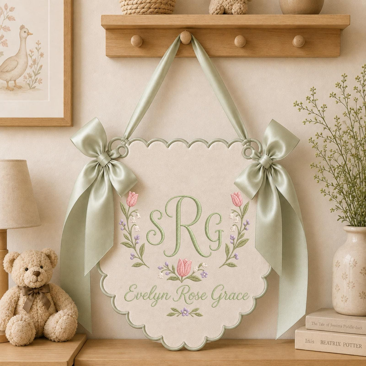 Personalized Embroidered Monogram Nursery Banner, Custom Baby Name Wall Hanging, Floral Initial Sign, Baby Girl Nursery Decor, Newborn Gift