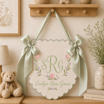 Personalized Embroidered Monogram Nursery Banner, Custom Baby Name Wall Hanging, Floral Initial Sign, Baby Girl Nursery Decor, Newborn Gift