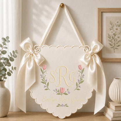 Personalized Embroidered Monogram Nursery Banner, Custom Baby Name Wall Hanging, Floral Initial Sign, Baby Girl Nursery Decor, Newborn Gift