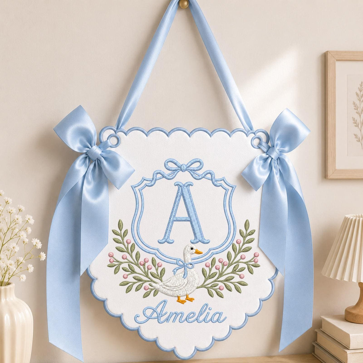 Personalized Embroidered Baby Name Banner, Goose Monogram Nursery Wall Hanging, Custom Initial Sign, Baby Girl Nursery Decor, Newborn Gift