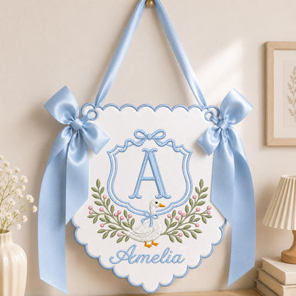 Personalized Embroidered Baby Name Banner, Goose Monogram Nursery Wall Hanging, Custom Initial Sign, Baby Girl Nursery Decor, Newborn Gift