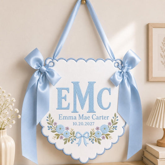 Personalized Embroidered Monogram Baby Name Banner, Custom Initial Nursery Wall Hanging, Floral Baby Girl Decor, Newborn Keepsake Gift