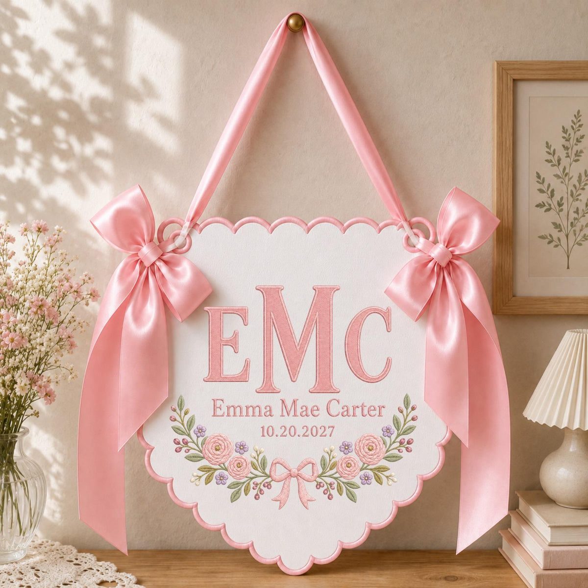 Personalized Embroidered Monogram Baby Name Banner, Custom Initial Nursery Wall Hanging, Floral Baby Girl Decor, Newborn Keepsake Gift