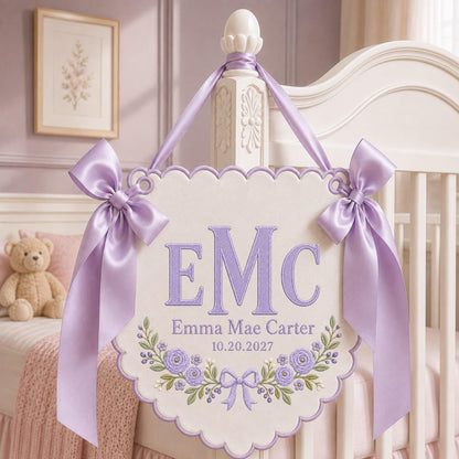 Personalized Embroidered Monogram Baby Name Banner, Custom Initial Nursery Wall Hanging, Floral Baby Girl Decor, Newborn Keepsake Gift