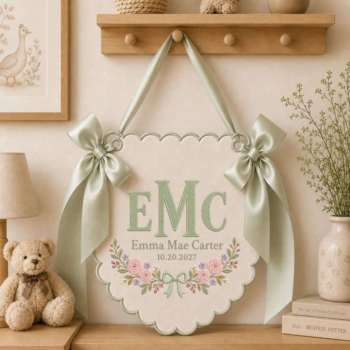 Personalized Embroidered Monogram Baby Name Banner, Custom Initial Nursery Wall Hanging, Floral Baby Girl Decor, Newborn Keepsake Gift
