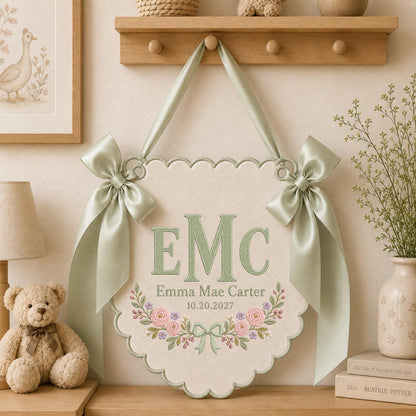 Personalized Embroidered Monogram Baby Name Banner, Custom Initial Nursery Wall Hanging, Floral Baby Girl Decor, Newborn Keepsake Gift