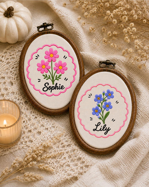 Personalized Pink Flower Embroidered Ornament, Custom Name Floral Hoop, Birth Flower Gift, Baby Girl Nursery Decor, Personalized Keepsake