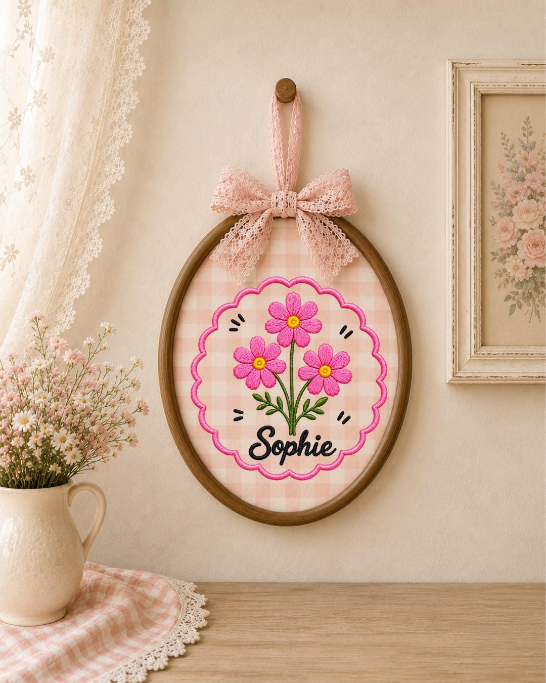 Personalized Pink Flower Embroidered Ornament, Custom Name Floral Hoop, Birth Flower Gift, Baby Girl Nursery Decor, Personalized Keepsake