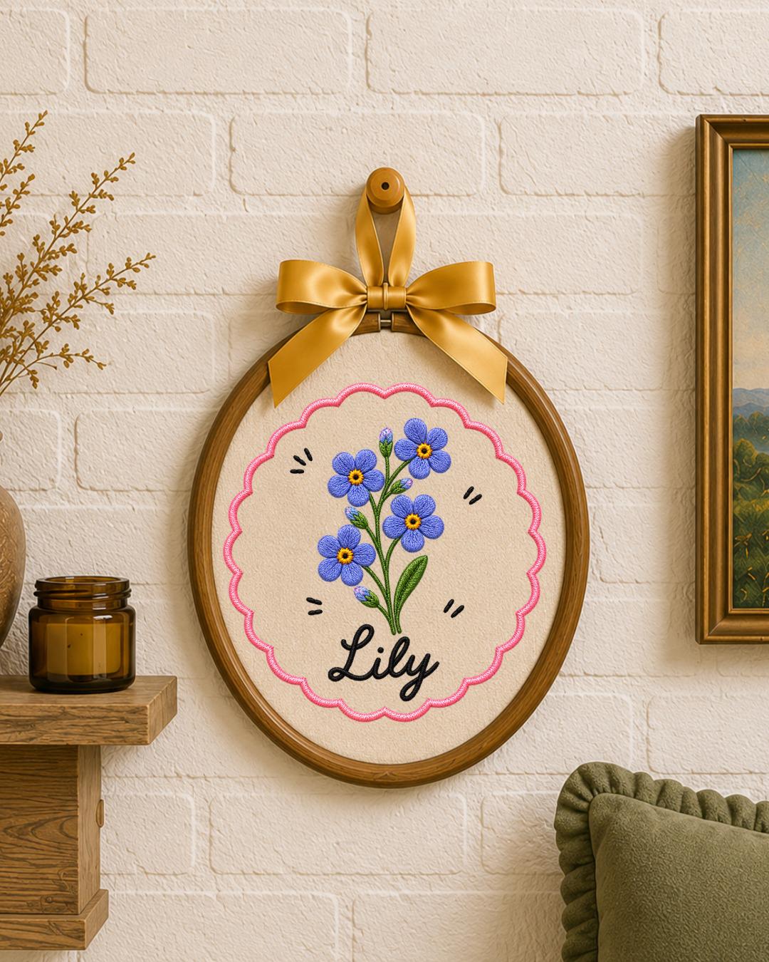 Personalized Pink Flower Embroidered Ornament, Custom Name Floral Hoop, Birth Flower Gift, Baby Girl Nursery Decor, Personalized Keepsake