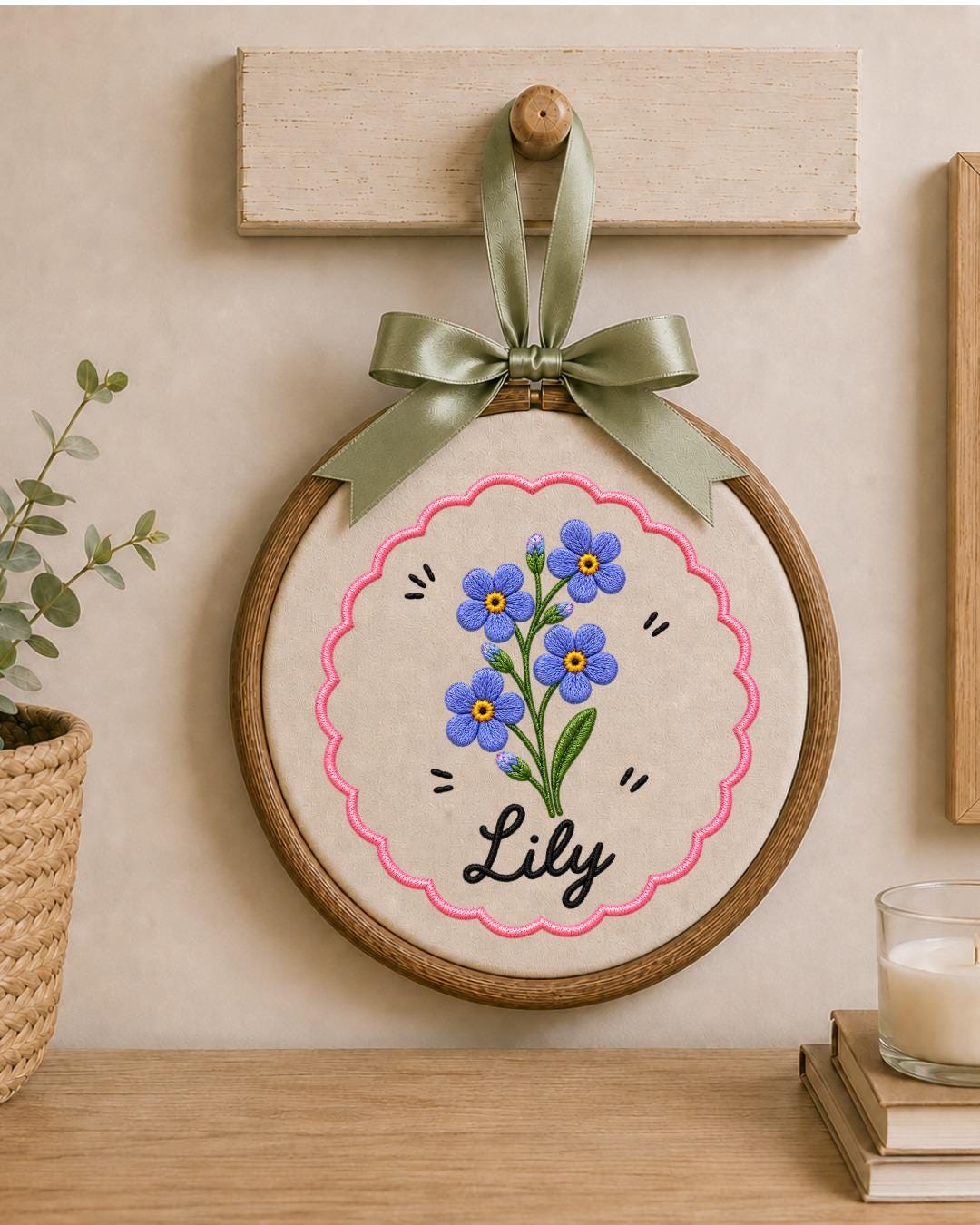 Personalized Pink Flower Embroidered Ornament, Custom Name Floral Hoop, Birth Flower Gift, Baby Girl Nursery Decor, Personalized Keepsake