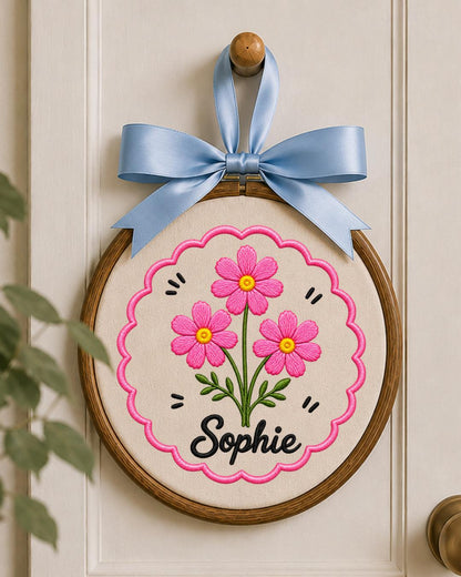 Personalized Pink Flower Embroidered Ornament, Custom Name Floral Hoop, Birth Flower Gift, Baby Girl Nursery Decor, Personalized Keepsake