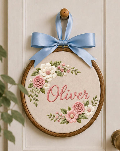 Personalized Floral Embroidered Ornament, Custom Name Hoop, Pink Rose Flower Decor, Baby Girl Nursery Gift, Personalized Keepsake