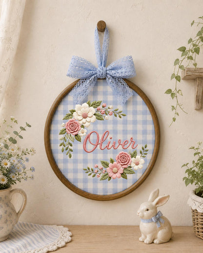 Personalized Floral Embroidered Ornament, Custom Name Hoop, Pink Rose Flower Decor, Baby Girl Nursery Gift, Personalized Keepsake