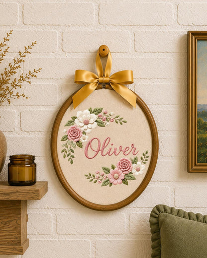 Personalized Floral Embroidered Ornament, Custom Name Hoop, Pink Rose Flower Decor, Baby Girl Nursery Gift, Personalized Keepsake