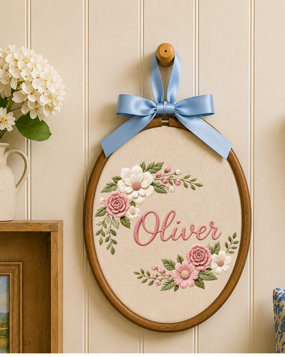 Personalized Floral Embroidered Ornament, Custom Name Hoop, Pink Rose Flower Decor, Baby Girl Nursery Gift, Personalized Keepsake