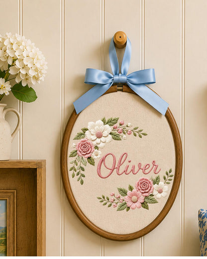 Personalized Floral Embroidered Ornament, Custom Name Hoop, Pink Rose Flower Decor, Baby Girl Nursery Gift, Personalized Keepsake