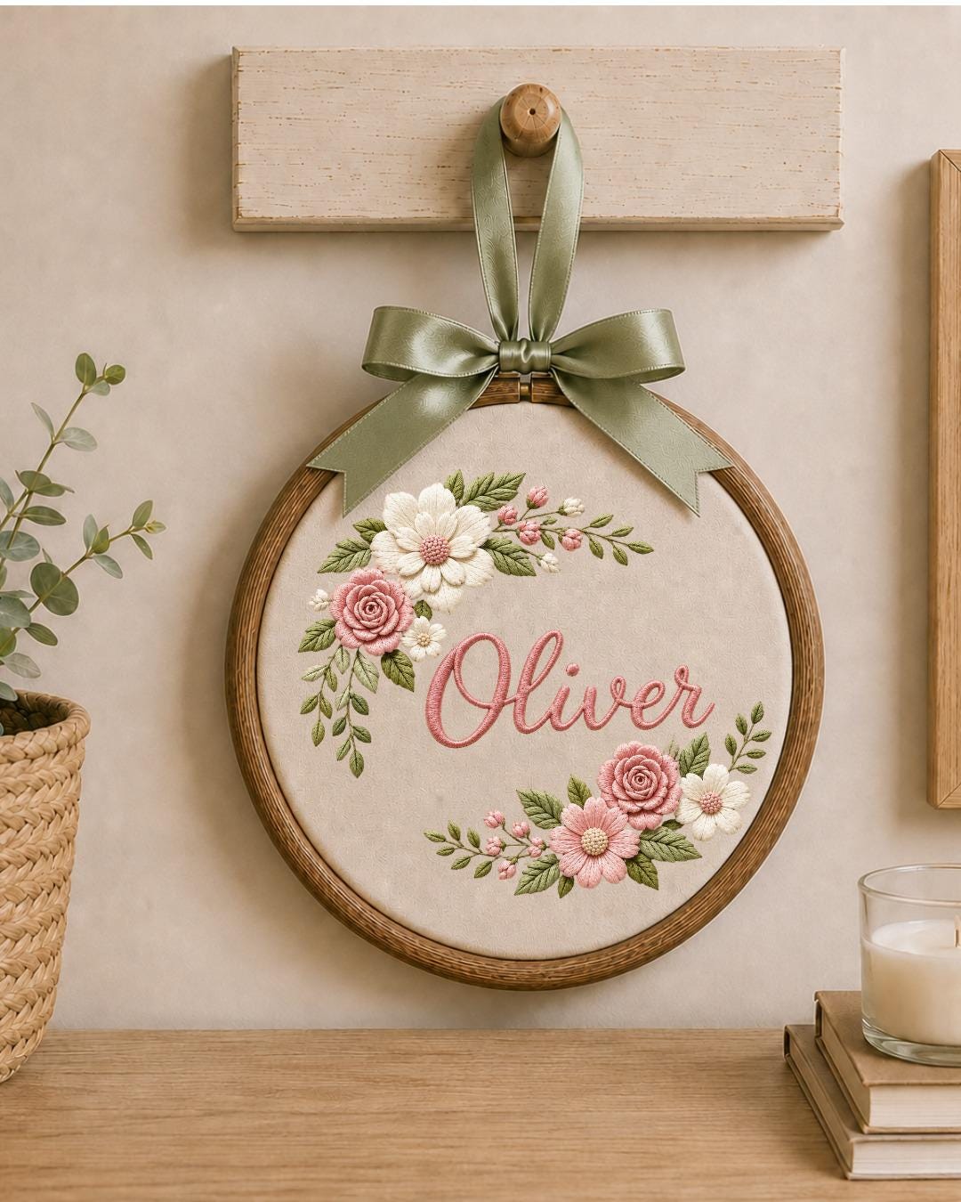 Personalized Floral Embroidered Ornament, Custom Name Hoop, Pink Rose Flower Decor, Baby Girl Nursery Gift, Personalized Keepsake