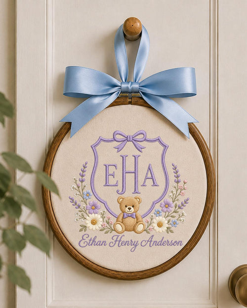 Personalized Monogram Teddy Bear Embroidered Ornament, Custom Baby Name Hoop, Floral Initial Nursery Decor, Newborn Keepsake, Baby Gift